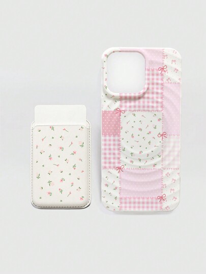 Kawaii 2pcs/Set Ditsy Floral Magsafe Phone Case Wireless Charging Magnetic Case With Matching Magnetic Card Holder