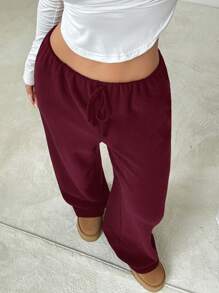 SHEIN EZwear 女士纯色前系带休闲毛绒衬里长裤 - 酒紅色 - 查看 4