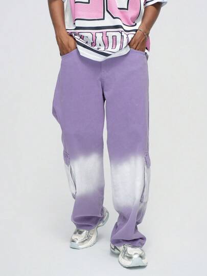 Street Life Men's Casual Acid Wash Gradient Color Cargo Jeans