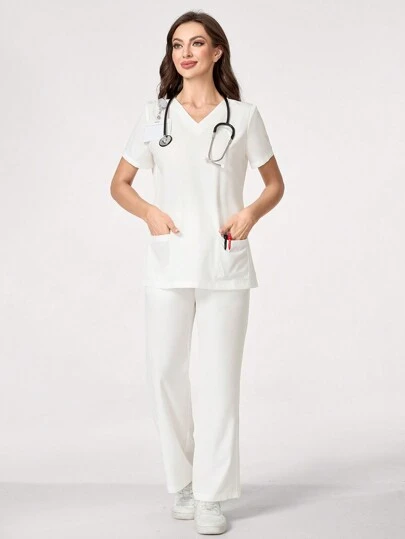 PopScrub 女士柔软舒适 V 领多口袋短袖套装简约短袖挂耳口袋下摆开衩制服手术服套装
