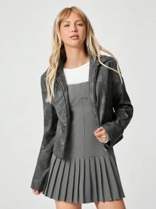 女士休闲街头风格拉链开合侧袋 PU 皮夹克 - 黑色 - 查看 3