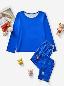 Tween Boy 2pcs Set Comfy Solid Color Long Sleeve Top And Space Printed Long Pants Pajama Set