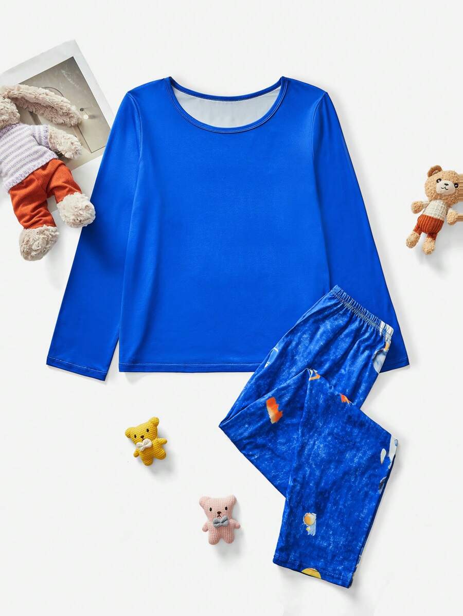 Tween Boy 2pcs Set Comfy Solid Color Long Sleeve Top And Space Printed Long Pants Pajama Set