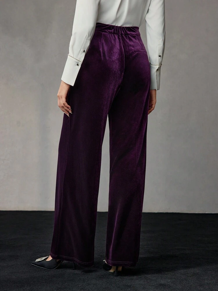 VELVET SOLID SLANT POCKET WIDE LEG SUIT PANTS