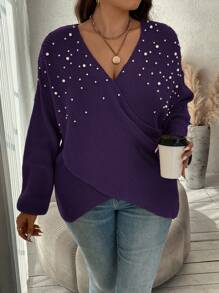 SHEIN Clasi Plus Size V-Neck Faux Pearl Decor Casual Pullover Sweater, Long Sleeve
