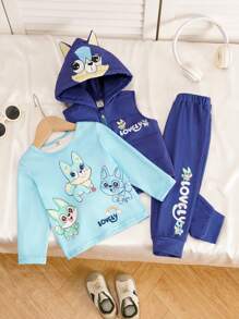 SHEIN This 3-Piece Baby Boys Cartoon Animal Pattern Vest Jacket Set With Long Sleeve T-Shirt And Pants Adds A Touch Of Cuteness And Warmth To Baby's Winter Outfit. Specially Designed For Cold Weather, It Provides All-Around Warmth And Comfort For The Baby.