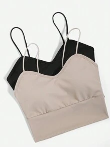 SHEIN BASICS 2pcs/Set Women Solid Color Knit Fitted Sport Crop Top Cami - Multicolor - View 3