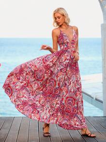 Vivid Eden Paisley Print Criss Cross Backless Cami Dress,Summer Clothing,Vacation Style,For Beach Vacation