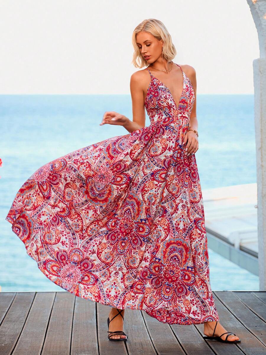 Vivid Eden Paisley Print Criss Cross Backless Cami Dress,Summer Clothing,Vacation Style,For Beach Vacation