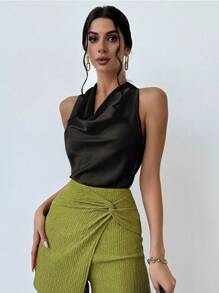 Firerie Blusa de mujer elegante y sencilla en color albaricoque con cuello drapeado y lazo - Negro - Ver 4