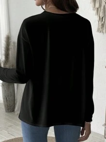 INAWLY Áo thun tay dài cổ tròn dáng rộng thoải mái mùa hè mới dành cho nữ Áo thun họa tiết dành cho nữ mùa xuân - màu đen - Xem 2