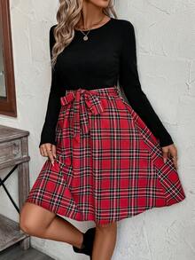 EMERY ROSE 女式格子印花系带圆领长袖中长连衣裙 - 彩色 - 查看 6