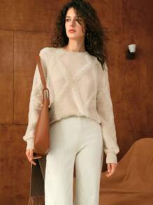 MOTF PREMIUM 纯色毛绒菱形花纹边饰毛衣 - 杏色 - 查看 4