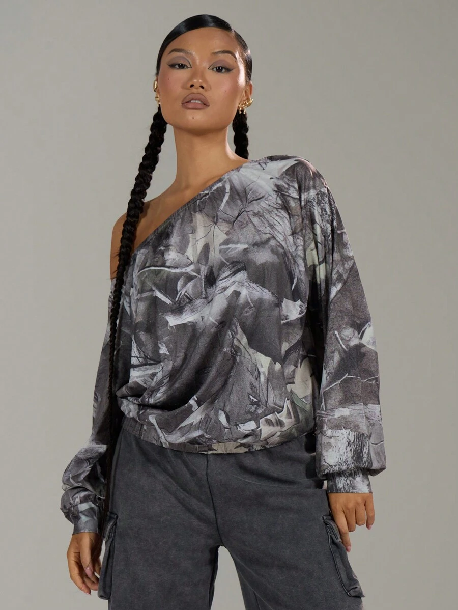 MUSERA Allover Print Asymmetrical Shoulder Sweatshirt - Grey - View 1