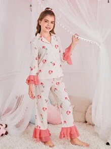 SHEIN 青少年女孩甜美花卉印花领长袖衬衫和撞色荷叶边宽松裤，休闲舒适睡衣套装，2 件（单独出售），圣诞节礼物 - 彩色 - 查看 6