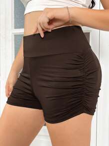 CovetEZ Plus Size Casual Sports Solid Color Ruched Fitted Shorts - Chocolate Brown - View 2