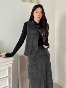 DAZY 2 件套：女士休闲外出纯色背心和裙子，秋季 - 深灰色 - 查看 9