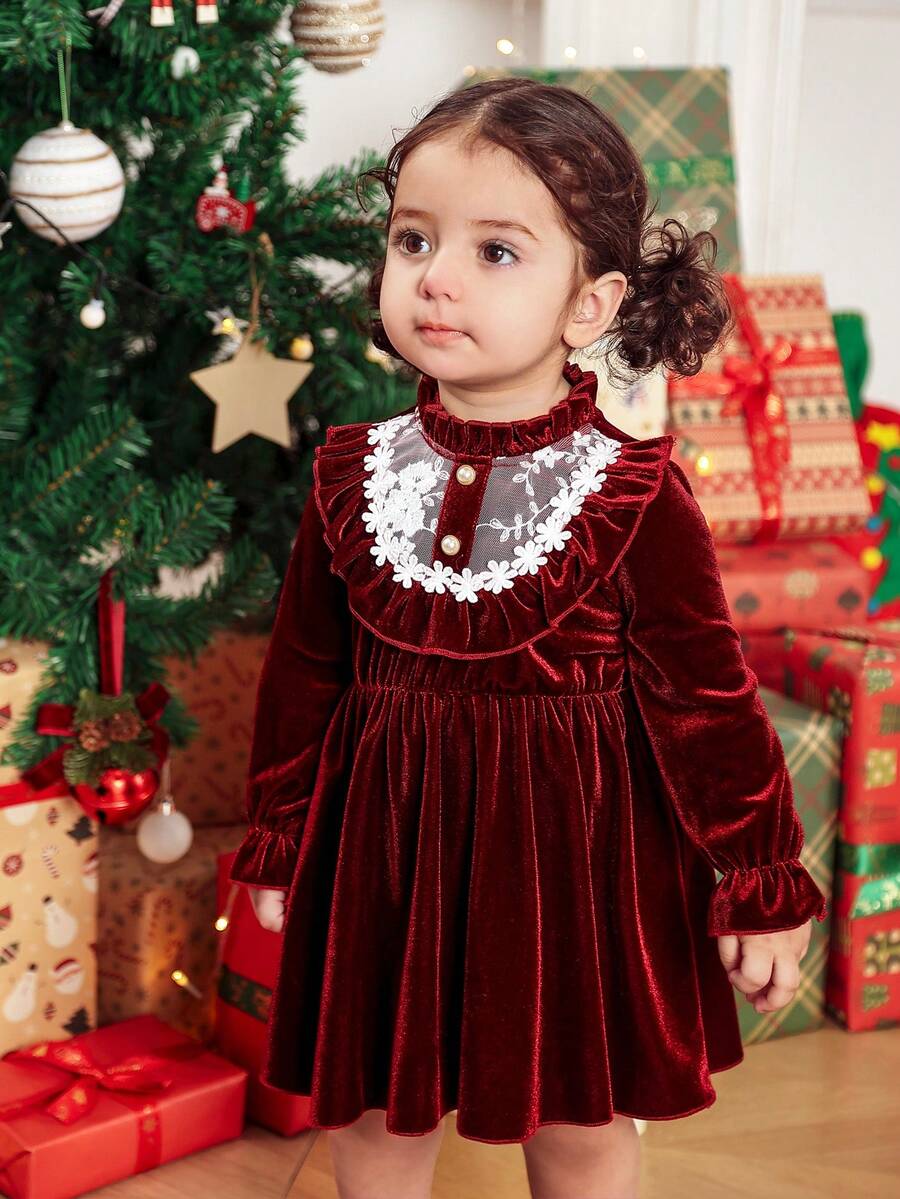 优雅天鹅绒与撞色蕾丝长袖女婴连衣裙 - 綠色 - 查看 1