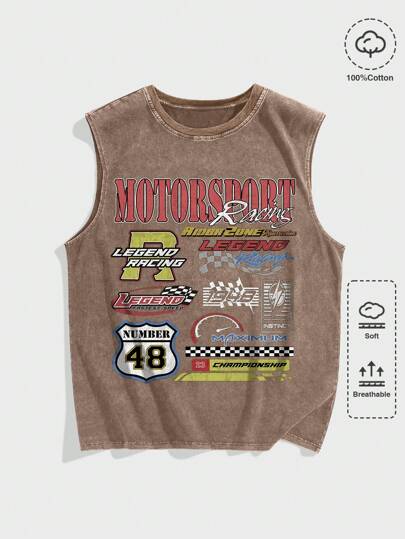 Street Life Men's Summer Letter Printed Round Neck Casual Tank Top, School