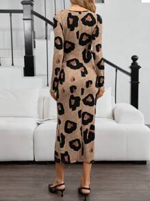 SHEIN Elegantes Umstandskleid mit Leopardenmuster und Schlitz an den Ärmeln für den Herbst - Khaki - Übersicht 2