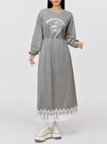 Mulvari 女士休闲撞色蕾丝蘑菇与字母印花抽绳腰带运动衫连衣裙