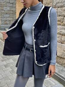 Chiquease Gilet col V à boutons devant avec bordure contrastante, pour l'automne/l'hiver - Noir - Voir 4