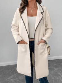 SHEIN LUNE Folding Collar Contrast Trim Ladies Casual & Work Elegant Long Coat, Warm Autumn Winter