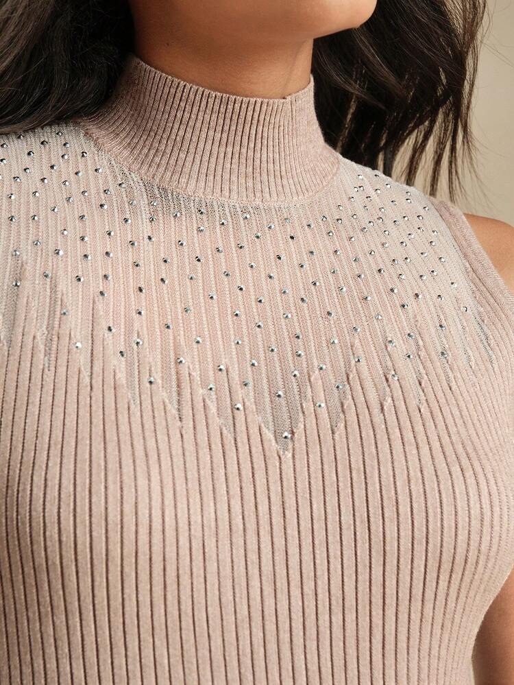 Women Rhinestone Accent Semi-Sheer Turtleneck Knit Tank Top