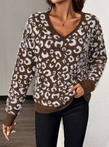 Chiquease Women's V-Neck Long Sleeve Leopard Pattern Sweater, Casual For Everyday Wear, Knit Pullover Fall Winter - Brown - View 5