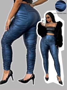 Maweii Plus Size Women High Waist Pleated Solid Color Leggings Fall Cloth For Women - Blue - View 1