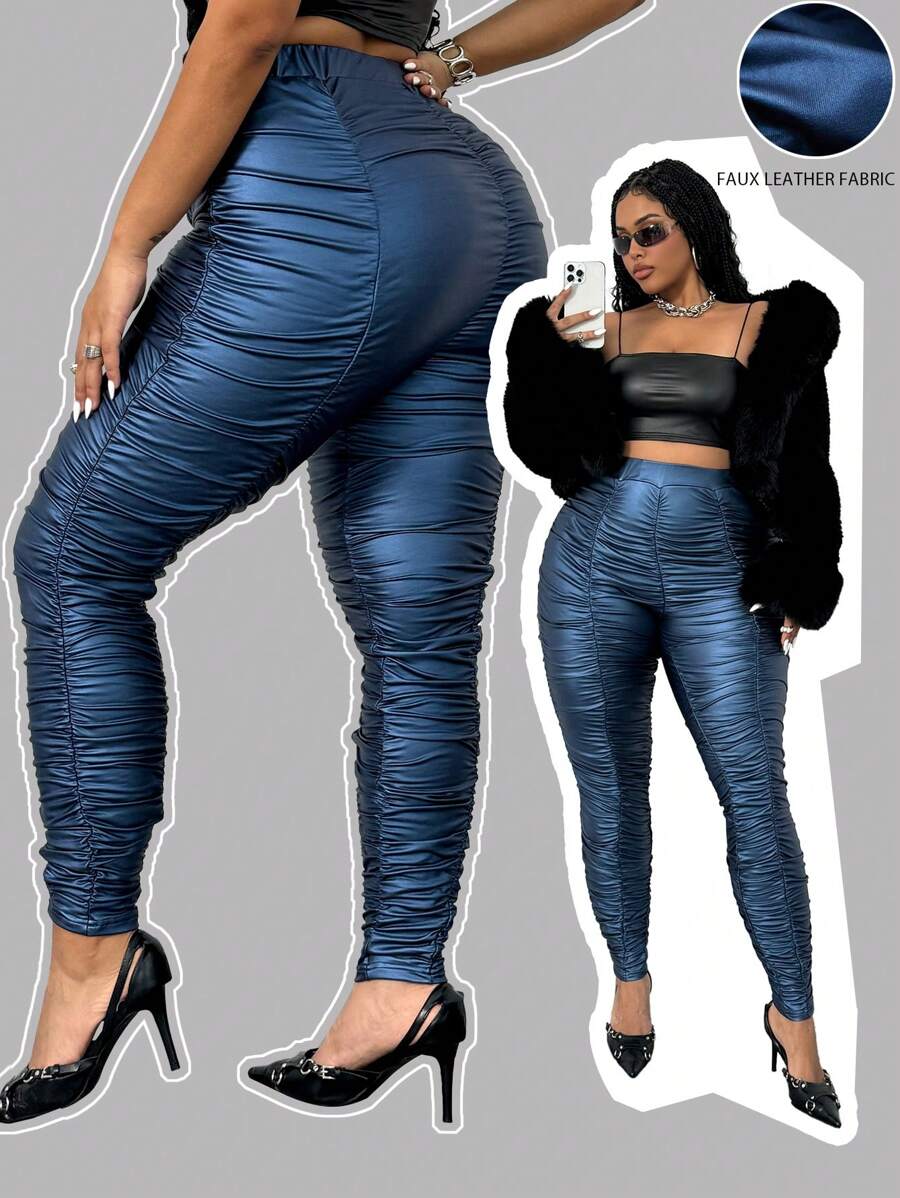 Maweii Plus Size Women High Waist Pleated Solid Color Leggings Fall Cloth For Women - Blue - View 1