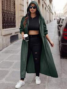 Calvaya Plus Size Casual Zip-Up Hooded Drawstring Waist Water-Resistant Jacket For Autumn Outdoor Daily Wear - Dark Green - View 5