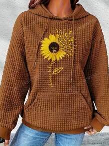 Women's Plus Size Casual Hoodie, Small Square Checkered Sunflower Print Hoodie