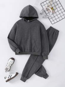 SHEIN 2pcs/Set Teenager Girls' Basic Loose Casual Sport Campus Pocket Hoodie & Pants Set, Charcoal Grey, Autumn/Winter