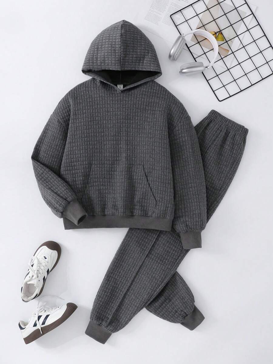SHEIN 2pcs/Set Teenager Girls' Basic Loose Casual Sport Campus Pocket Hoodie & Pants Set, Charcoal Grey, Autumn/Winter