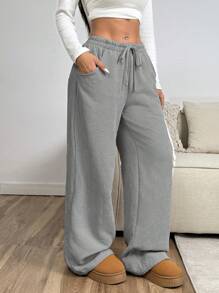 SHEIN EZwear Women's Gray Drawstring Pockets Casual Woven Wide Leg Pants