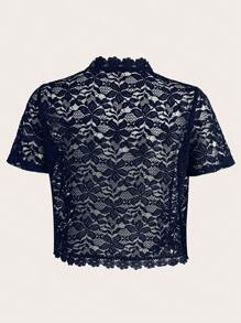SHEIN Clasi Women Lace Trimmed Short Sleeve Casual Jacket - Navy Blue - View 2