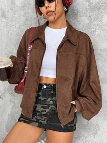 SHEIN EZwear 一件棕色针织女式拉链休闲百搭长袖开衫外套秋冬 - 咖啡棕 - 查看 4