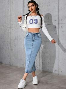 女士弹力开衩休闲修身牛仔裙，适合7月4日美国独立日、教师节、春季度假等场合。 - 藍色 - 查看 5