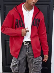 PAVTROS Manfinity Streetrush Men's Street Style Letter Print Zip-Up Hoodie, Spring And Autumn