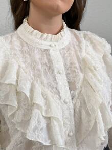 Firerie Plus Size Women Turtleneck Ruffle Trim Jacquard Patterned Long Sleeve Blouse - Apricot - View 7
