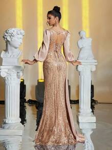 Glamrae Elegant & Luxurious Champagne Long Sleeve Satin Patchwork Embroidered Lace Sequin Mermaid Dress With Side Ruffles, Sexy Open Back With Tie, Suitable For Weddings, Parties, Galas, Formal Events (Heavily Embellished), Prom Evening Gown, For Wedding Guest, Graduation, Dinner, Party Dress - Champagne - View 3