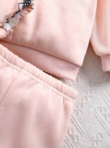 SHEIN 3pcs Baby Girl Cute Pink Cat Pattern Warm Fleece Hooded Jacket & Pants Set, Autumn/Winter
