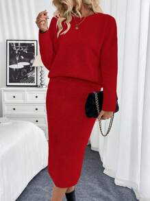 SHEIN Clasi 2 件套：长袖纯色毛衣和铅笔裙，休闲装秋冬季新年服装 - 紅色 - 查看 5