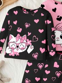 SHEIN Conjunto de ropa de estar en casa informal para niña bebé con estampado de gato en forma de corazón rosa, de cuello redondo y manga larga, con pantalón, ajustado, apropiado para otoño/invierno - Multicolor - Ver 3
