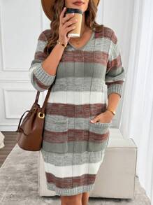 EMERY ROSE Plus Size Women Striped V-Neck Long Sleeve Dual Pocket Casual Sweater Dress, Autumn/Winter - Multicolor - View 6