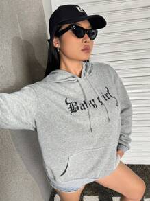 SHEIN EZwear Plus Size Women's Autumn Letter Print Long Sleeve Drawstring Hooded Casual Sweatshirt Graduation,Back To School Outfits,Graduation,Teacher Outfits For Women,Back To School