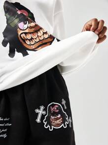 SHEIN 2pcs Tween Boys' Stylish Cartoon Portrait Sweatshirt & Sweatpants Set - White - View 6