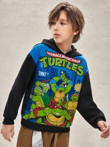 TEENAGE MUTANT NINJA TURTLES | SHEIN Tween Boy Cute Cartoon Turtle Print Drop Shoulder Loose Fit Hoodie Black Sweatshirt, Casual Winter/Autumn, For Christmas - Black - View 8
