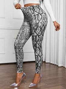 SHEIN Lady 四季打底裤 蛇纹女式打底裤 优雅修身长款女士打底裤 - 黑色 - 查看 7